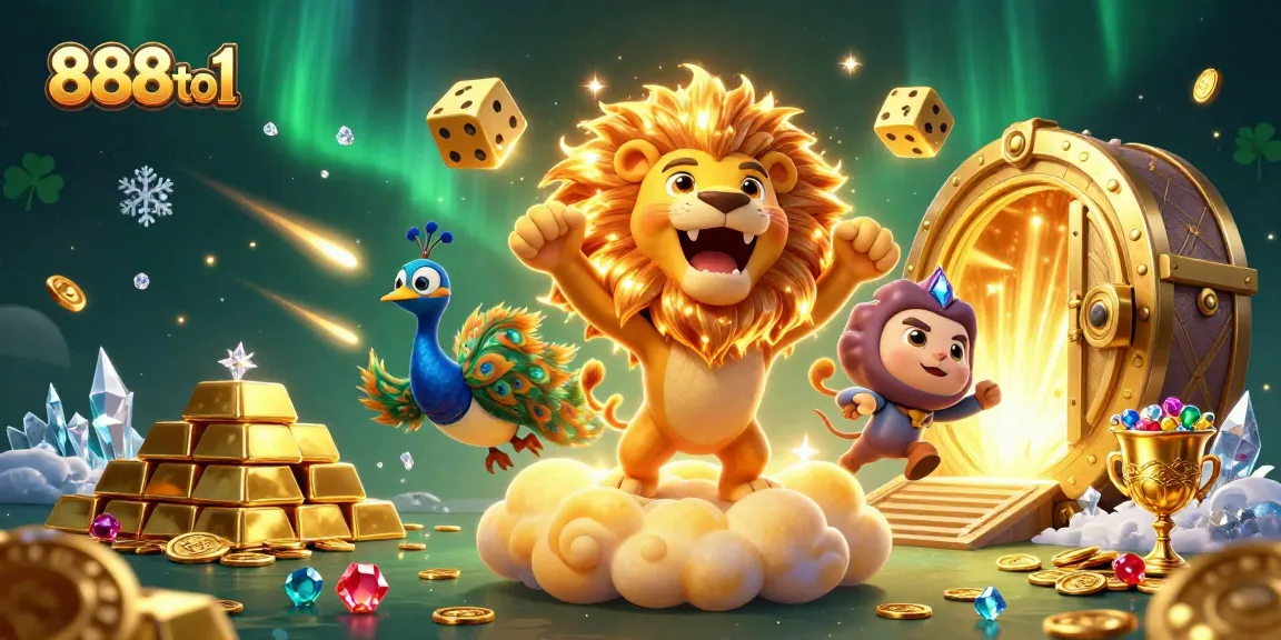 Experience the excitement of 888to1 with this vibrant 3D casino illustration featuring a roaring lion and golden dice.