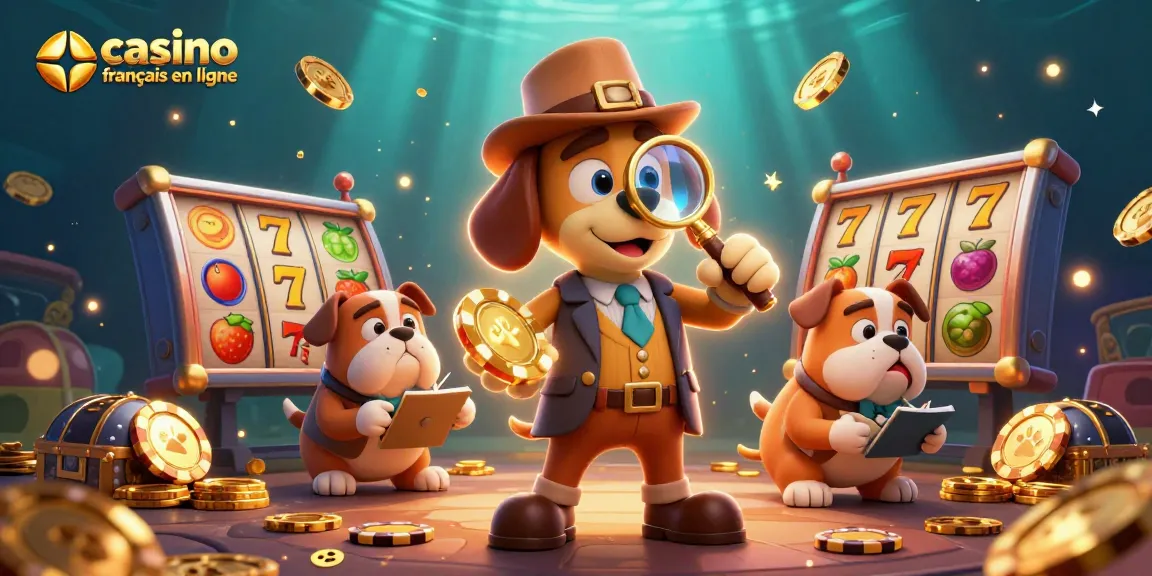 Plonger dans l'univers du casino français en ligne avec un détective fouinant un jeton de poker et des rouleaux colorés.
