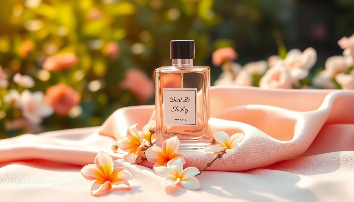 Engaging visual of the don't be shy perfume elegantly displayed with delicate floral accents.