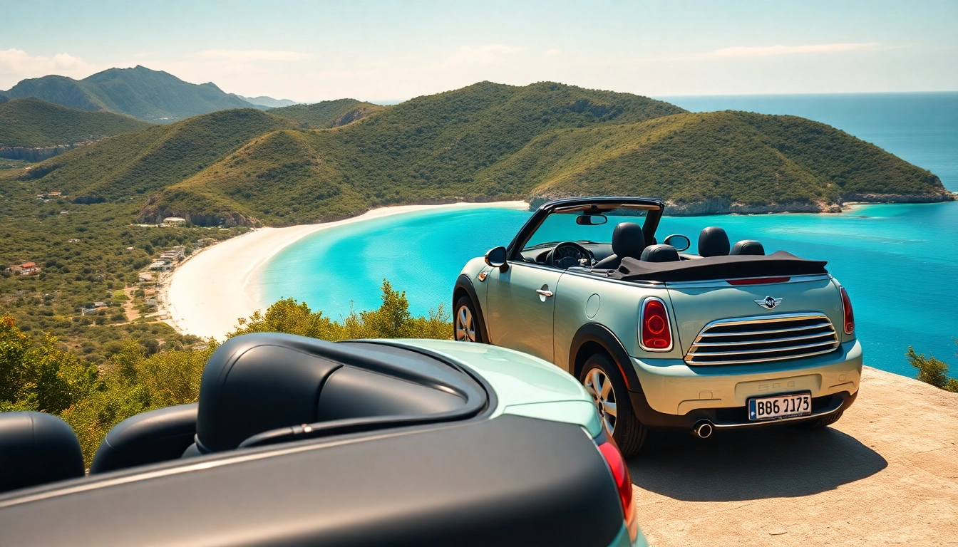 Experience a Mini Cooper Convertible in St Barts against a stunning coastal backdrop.