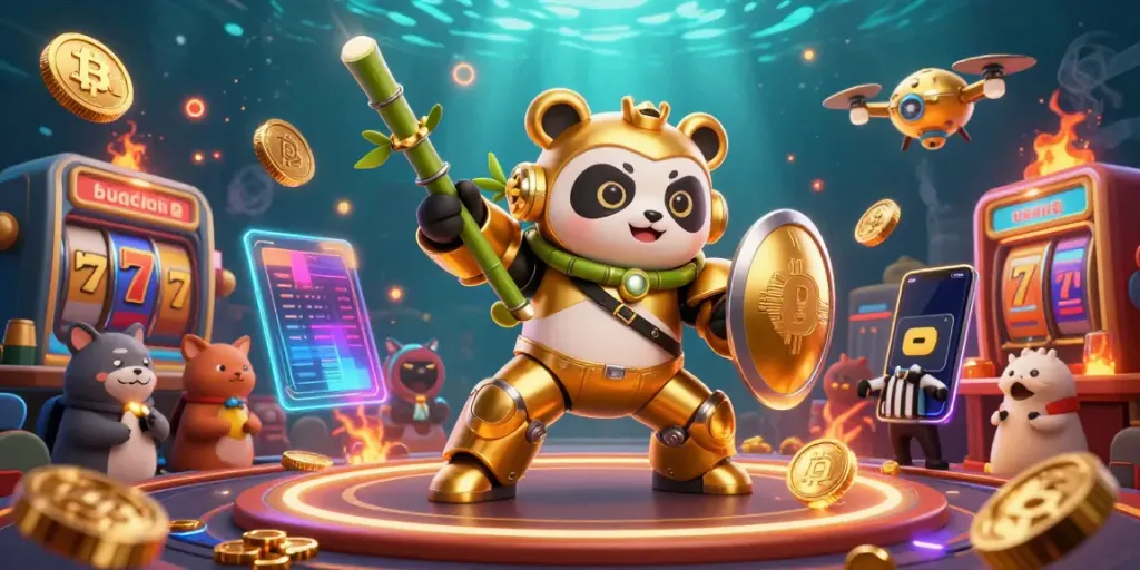 Experience thrilling bugistoto action in a vibrant casino arena, showcasing a golden panda and exciting gaming elements.