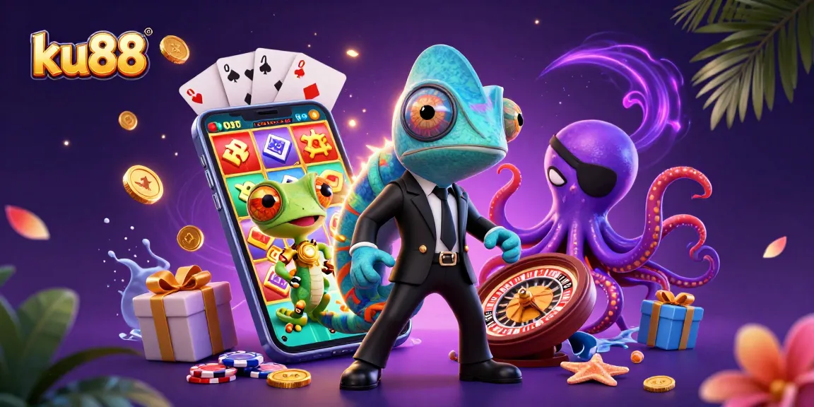 Spin vibrant slots with ku88, featuring a secret agent chameleon and gaming elements.