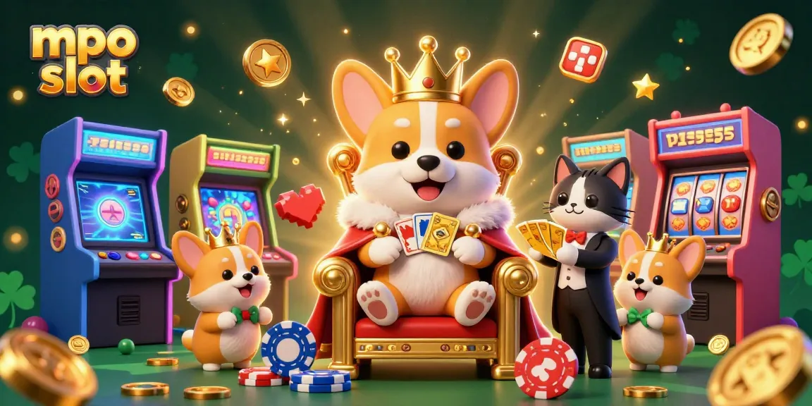Win big with MPO slot in this vibrant 3D casino scene featuring a crowned corgi and lively game elements.