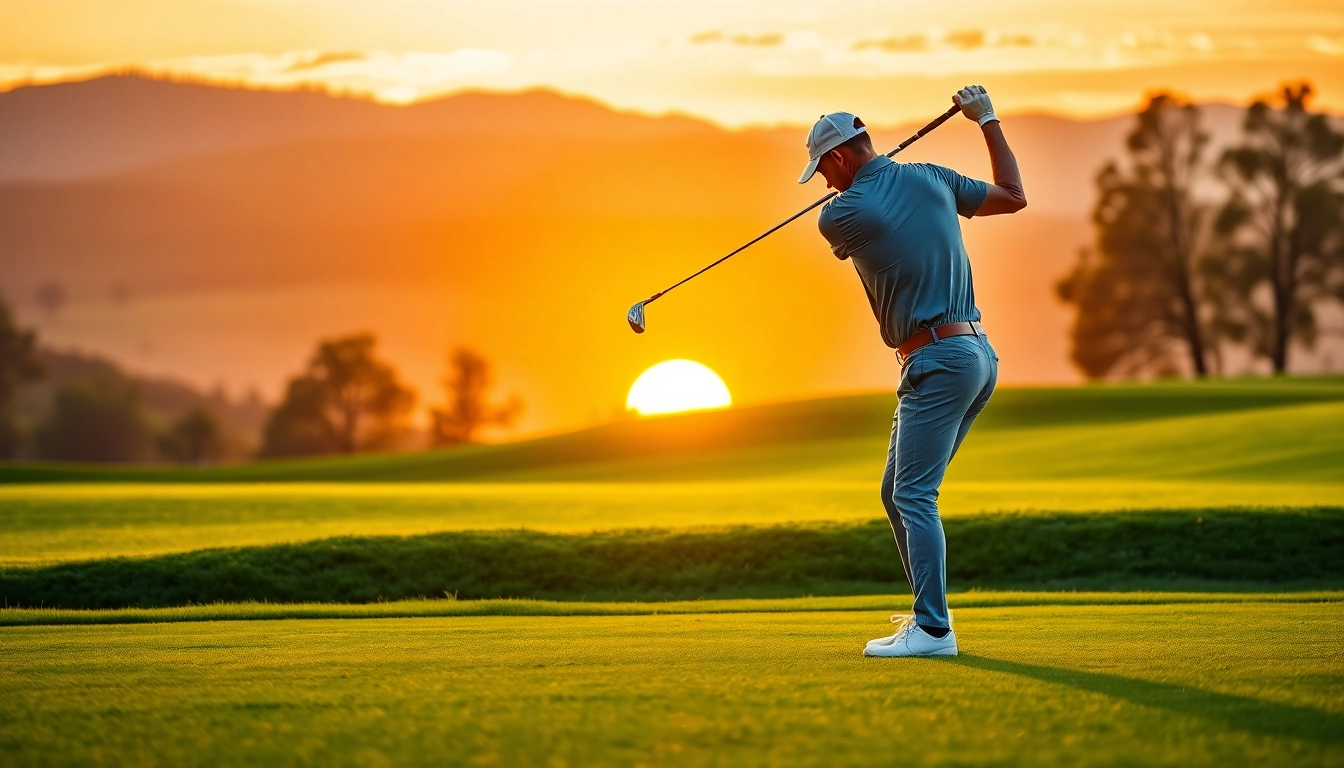 Golf enthusiast striking a powerful swing on a scenic course at sunset, embodying passion and precision.