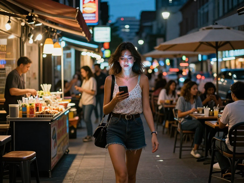 Gái gọi năng động trong không khí thành phố về đêm, tự tin giữa ánh đèn neon.