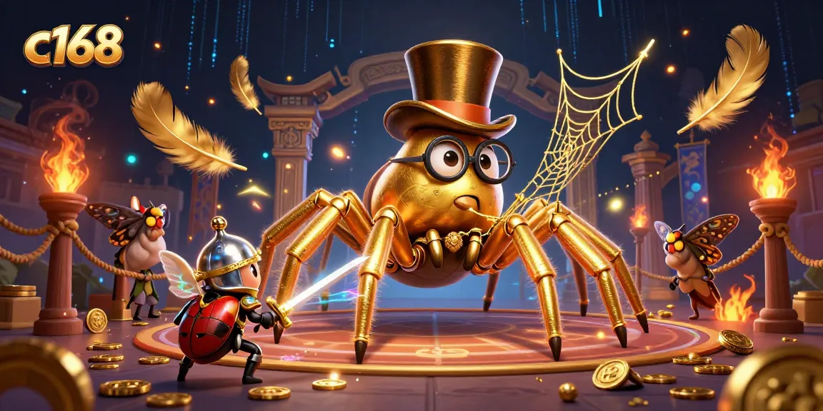 Experience thrilling gaming moments at c168 with a golden tarantula and beetle knight in a vibrant casino.