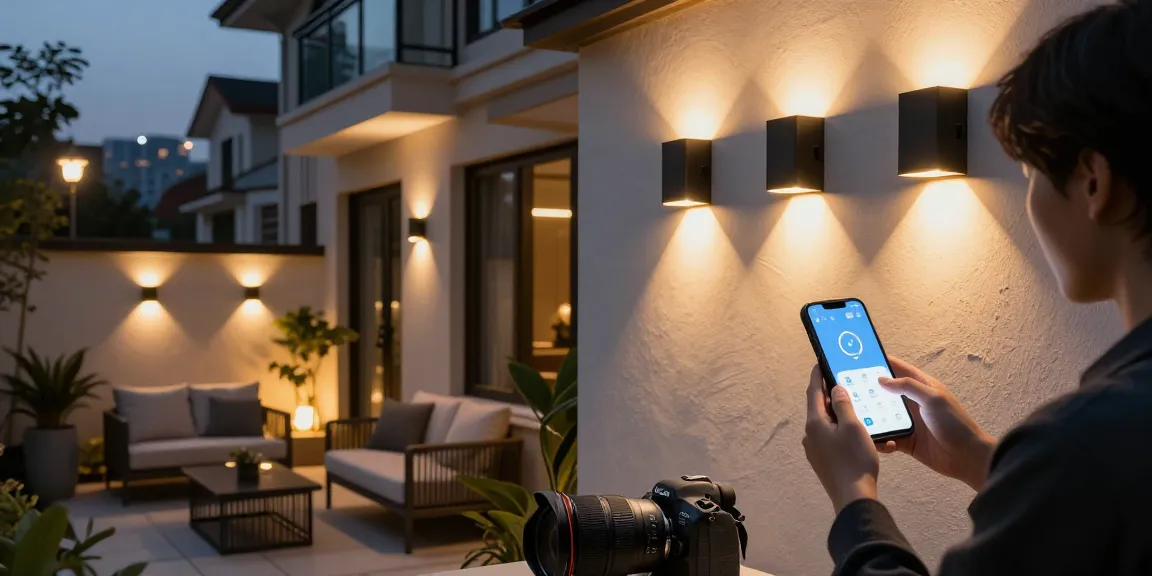 Aplica LED exterior iluminând o fațadă modernă, cu un utilizator ajustând setările luminii.