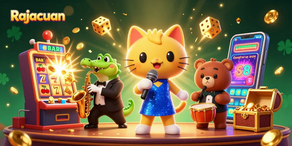Experience Rajacuan's vibrant casino scene with a jazzy cat, crocodile, and bear amidst jackpots.