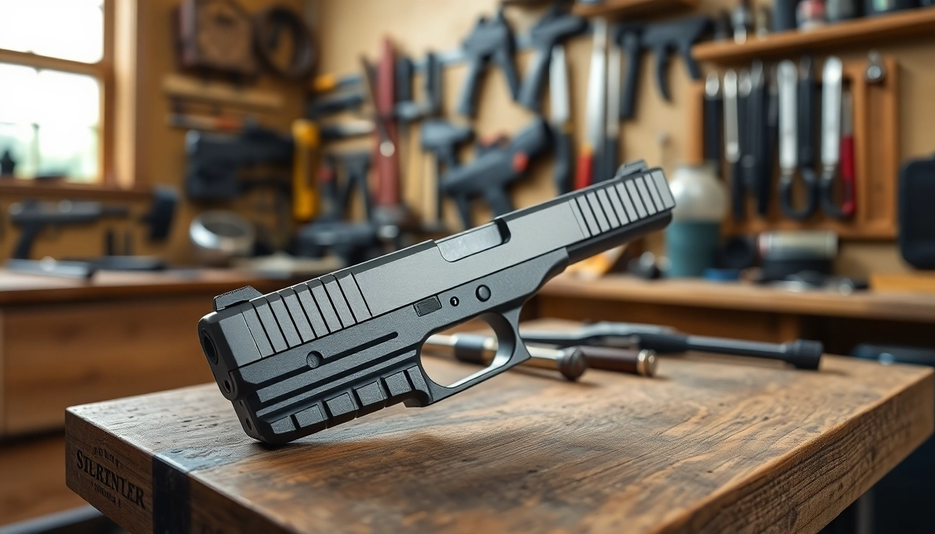 Showcase of a glock 19 gen 5 slide on a workbench, emphasizing its design and features.