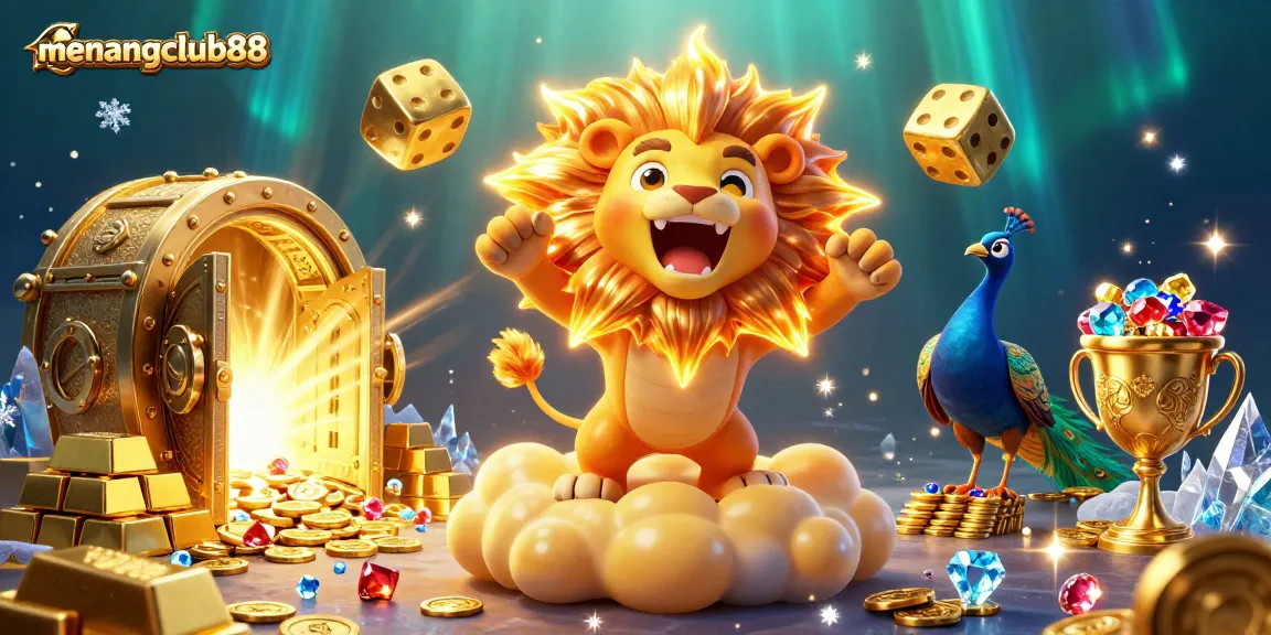 Engage with menangclub88 and win big with vibrant casino-themed graphics featuring a roaring lion and golden treasures.