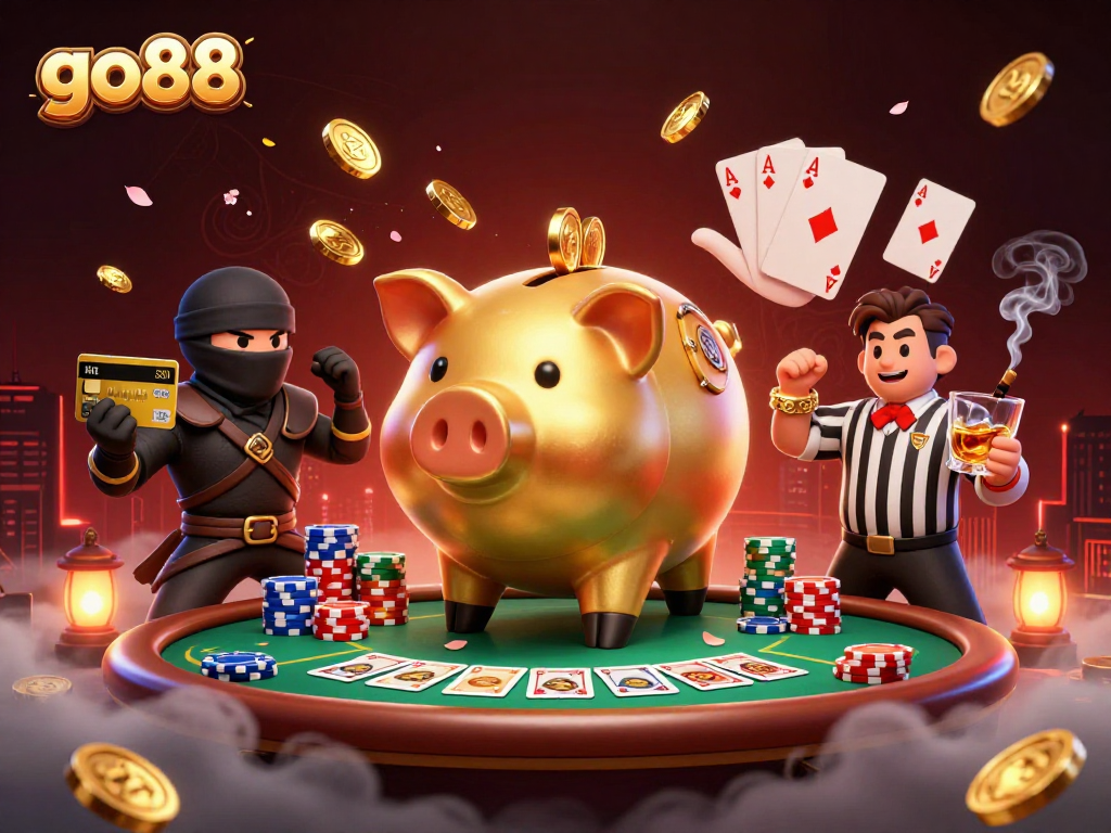 go88 features a colossal golden piggy bank wrestler dominating a vibrant poker scene, spreading golden coins.