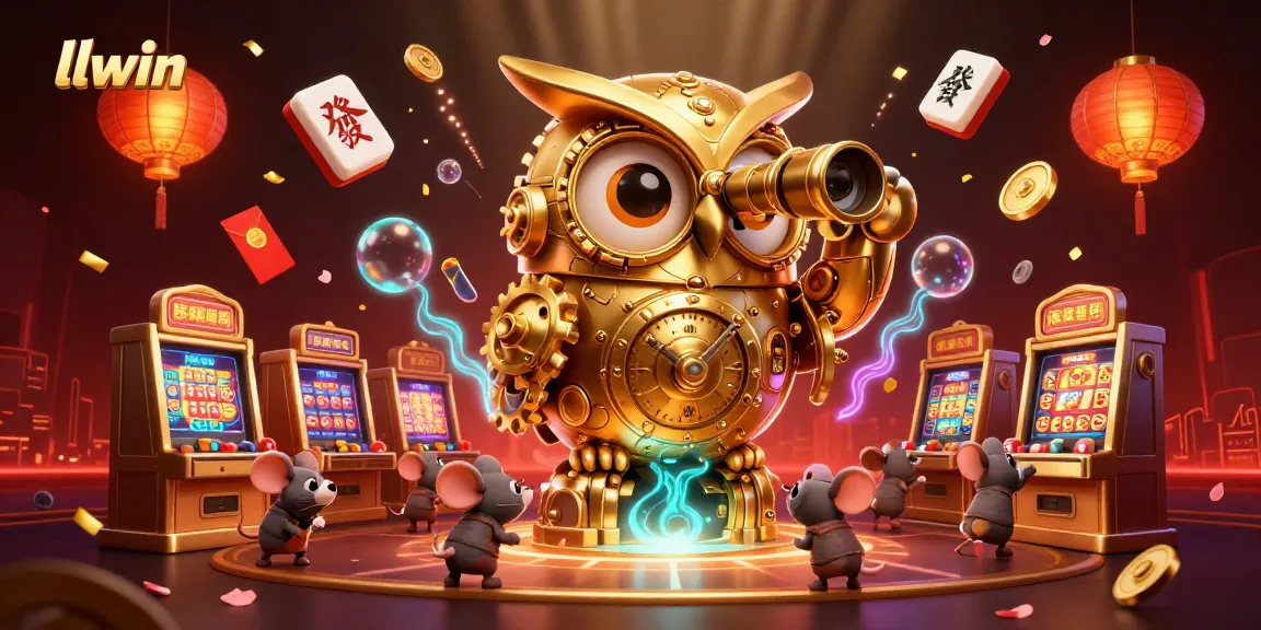 Engage with llwin's vibrant casino adventure featuring a golden owl and charming mouse patrons amidst festive game symbols.