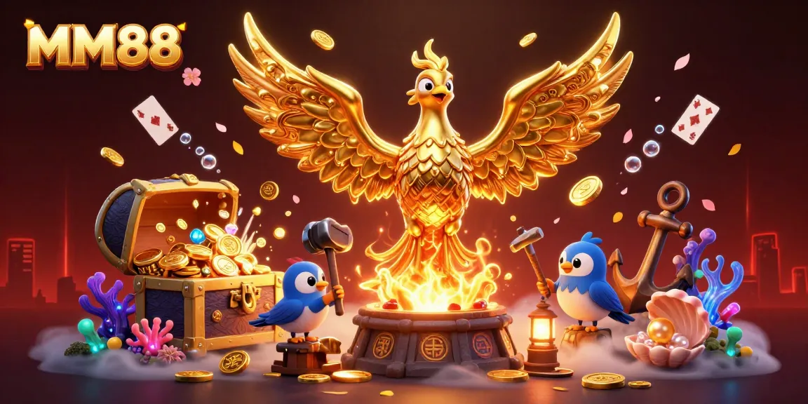 Experience excitement at MM88 casino with a dynamic gold phoenix, treasures, and vibrant casino elements.