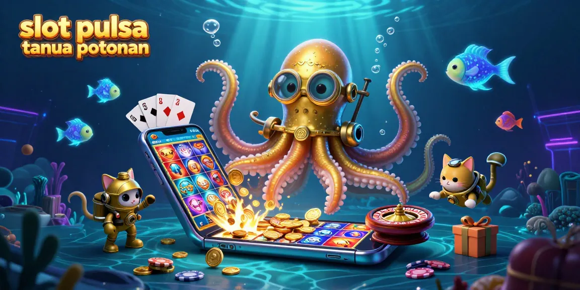 Menangkan hadiah dalam permainan slot pulsa tanpa potongan dengan ilustrasi kraken dan kucing penyelam, serta elemen kasino menarik.