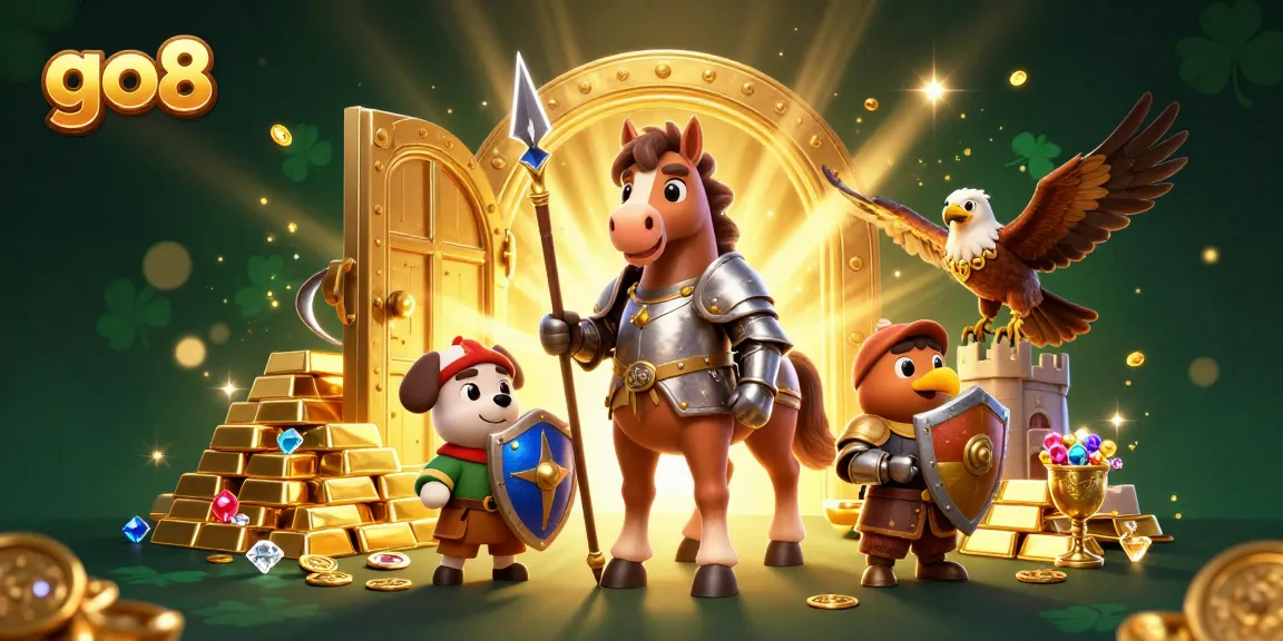 Experience the excitement at go8 casino with golden treasures and engaging characters in this dynamic illustration.