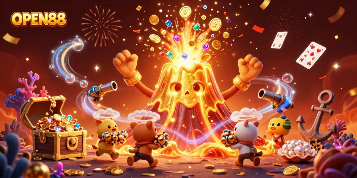 Experience the thrilling world of OPEN88 with a dynamic treasure eruption scene from a magical volcano.