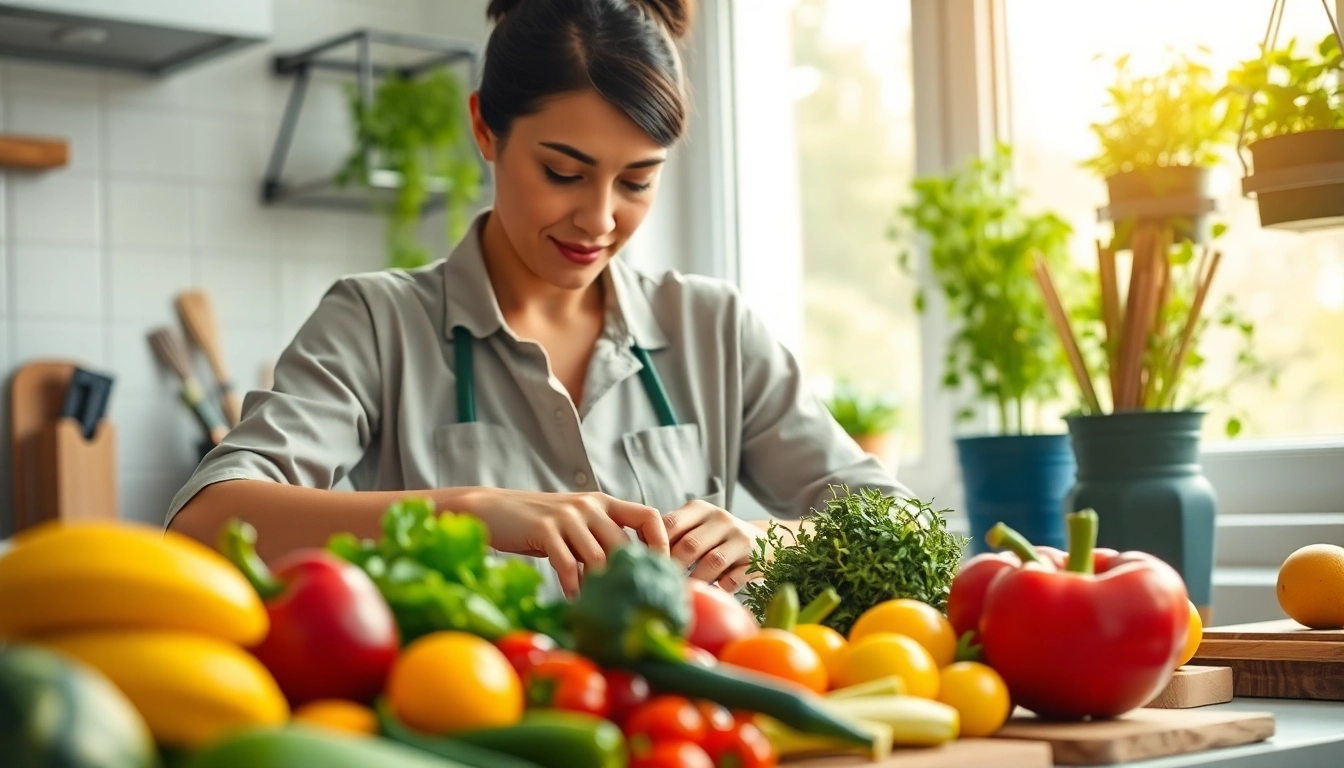 Preparing healthy meals showcasing Healthy Eating Habits with fresh fruits and vegetables in a well-lit kitchen.