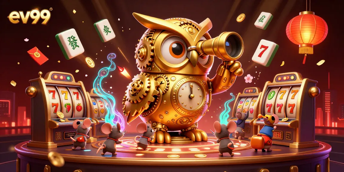 ev99 casino illustration with owl surveying slot machines and dynamic game elements.