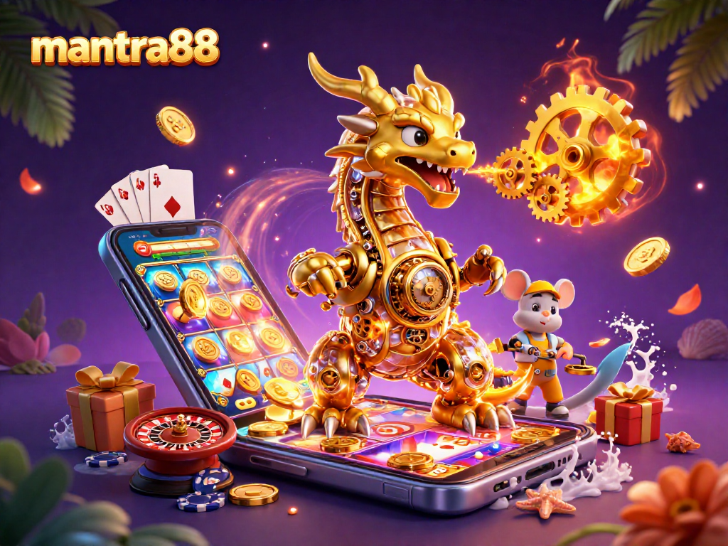 Experience the thrill of mantra88 with golden dragons and vibrant slot games in a magical setting.