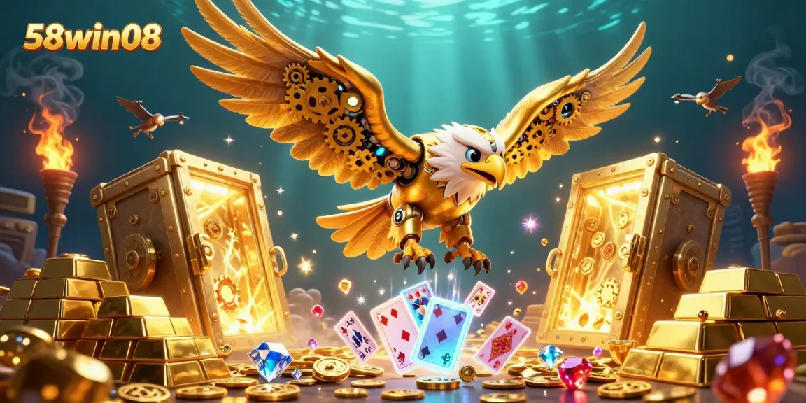 Join the excitement at 58win08, where a golden eagle dives through holographic cards to win big!