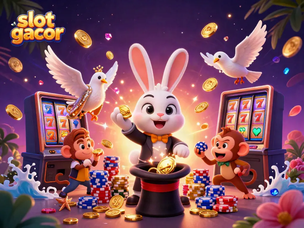 Experience slot gacor excitement with a dazzling illustration showcasing a magician rabbit, poker elements, and cascading coins.