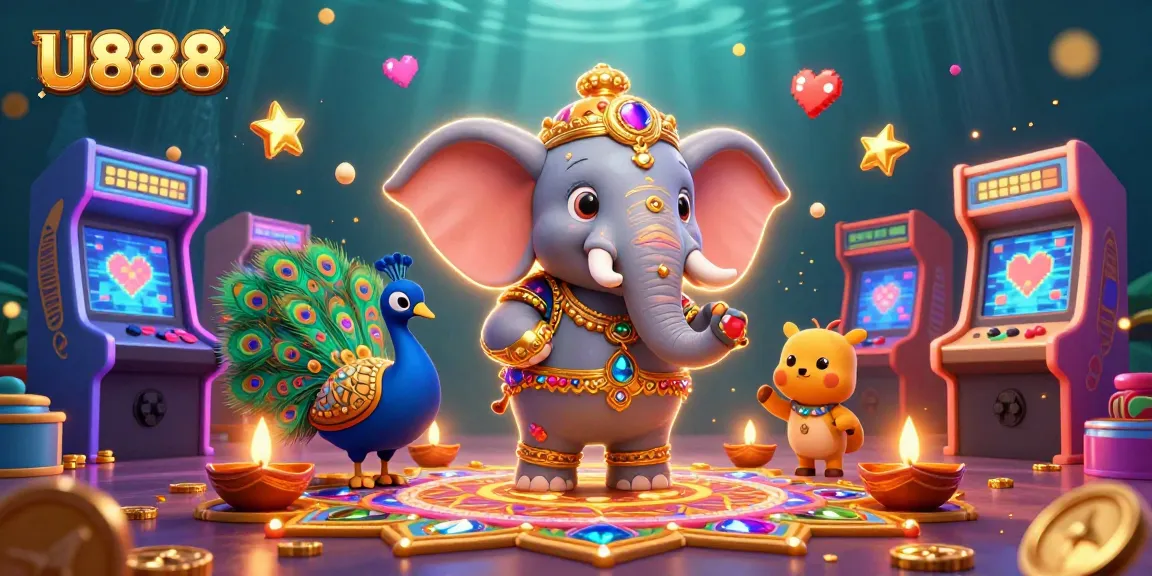 U888 showcases a vibrant scene with a colorful Diwali-themed elephant and peacock amidst captivating casino elements, enhancing your gaming experience.