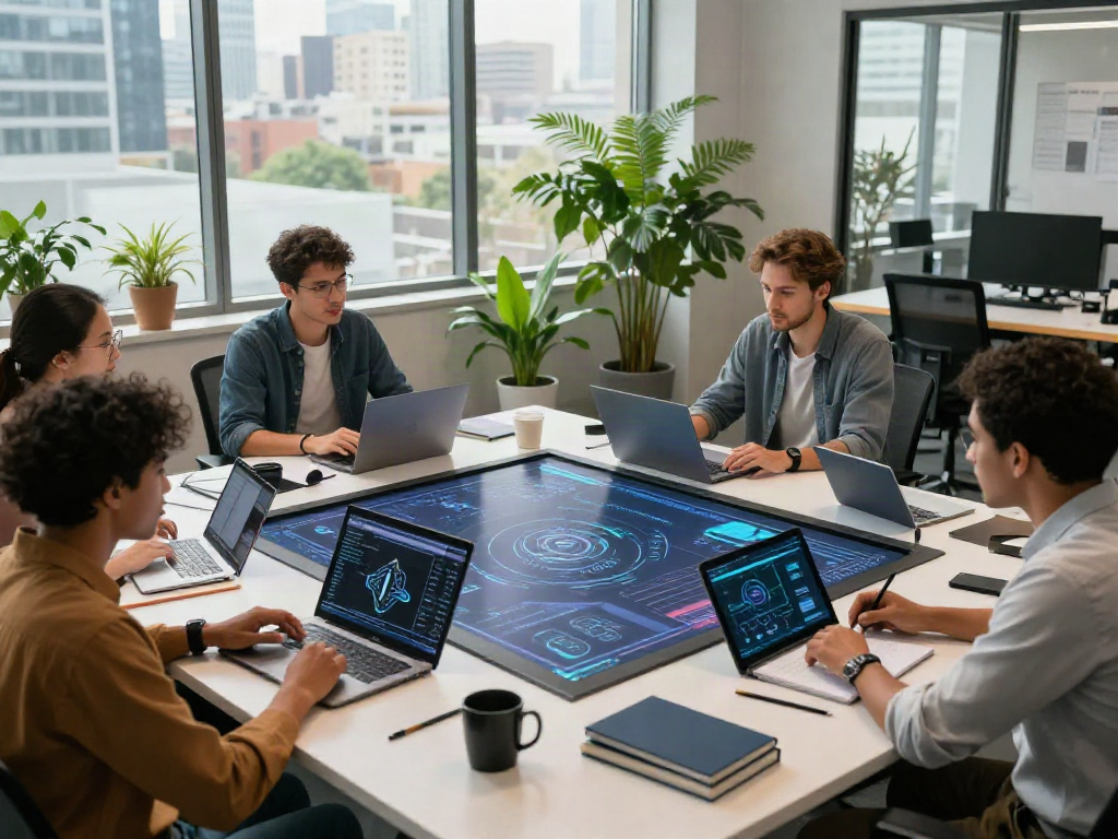Diverse team collaborating in an innovative AI workspace, exploring crush on ai technology through interactive simulations and discussions.