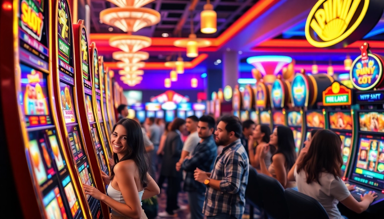Experience the excitement of slot gambling with players around vibrant machines in a lively casino setting.