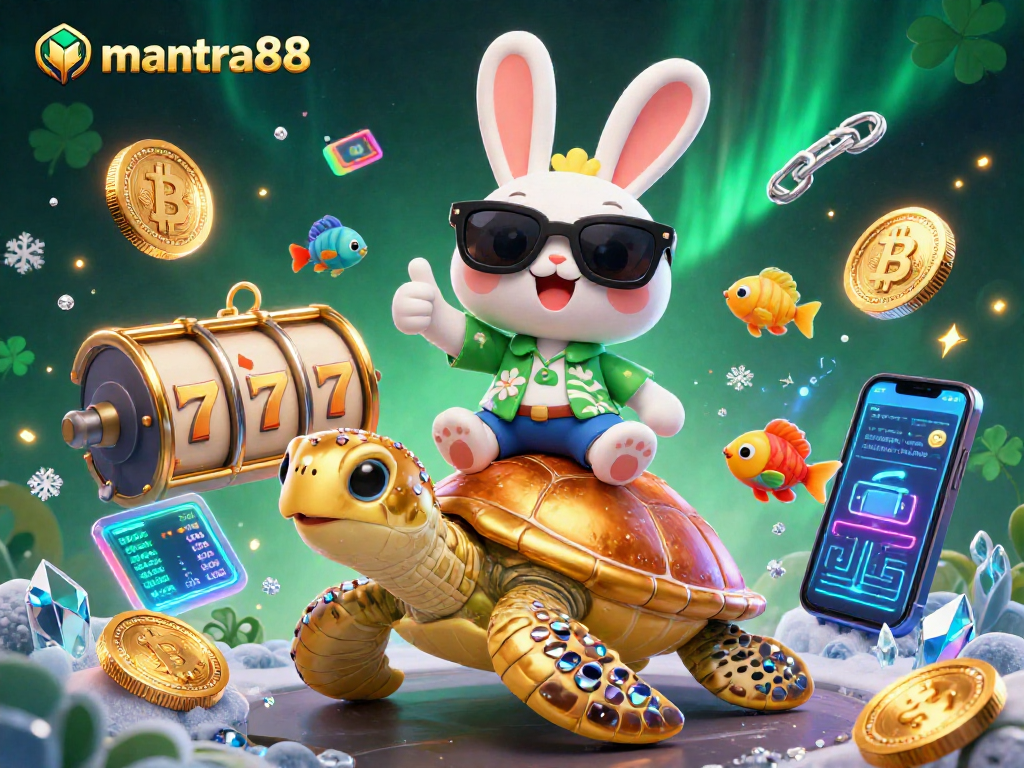Experience the excitement of mantra88 with the lucky rabbit and golden sea turtle in a vibrant casino scene.