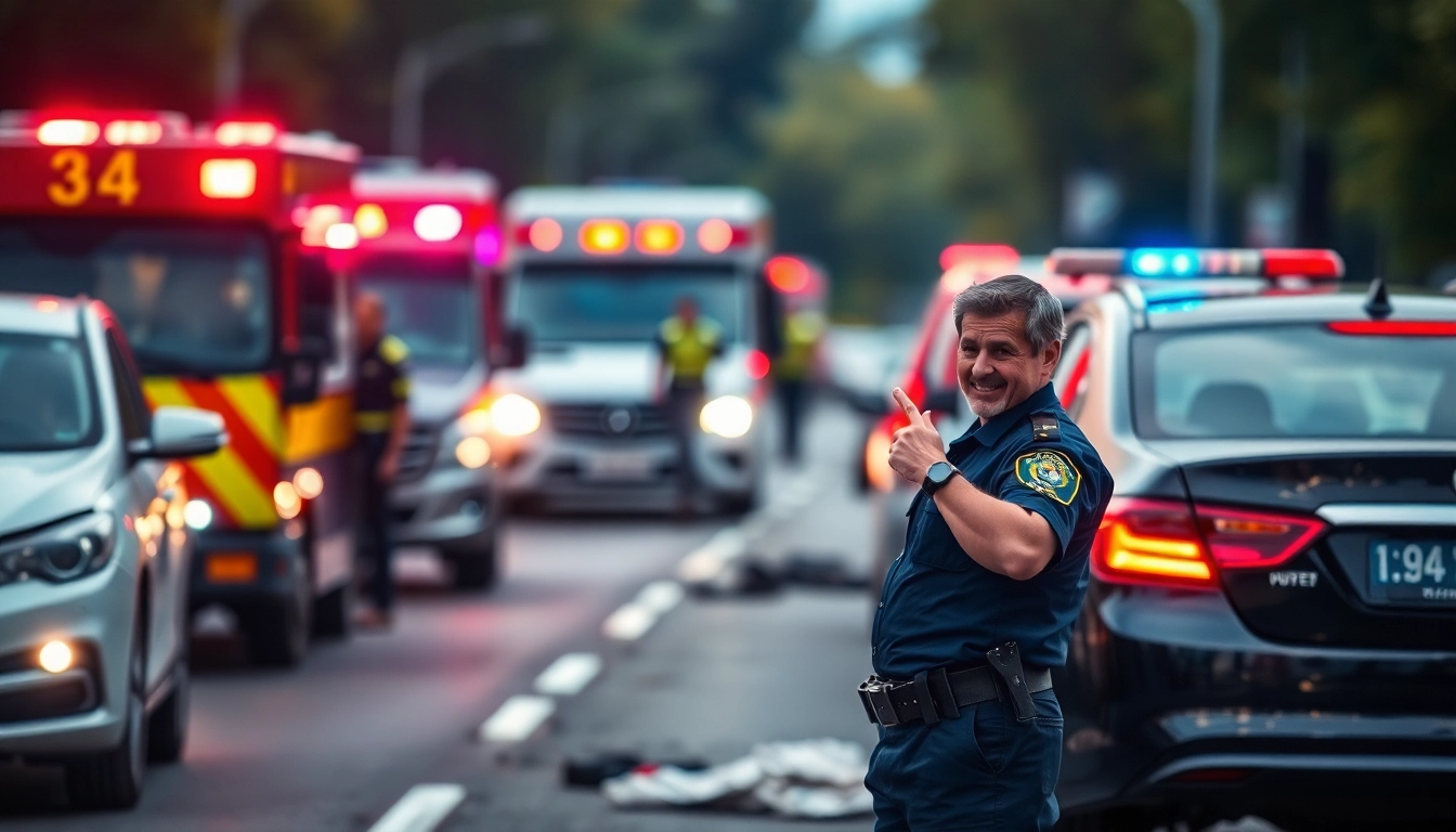 Investigating road accident scene with broken vehicles and emergency responders