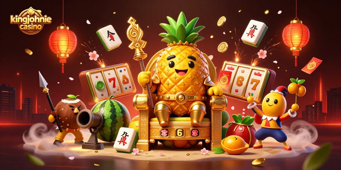 Join the fun at kingjohnnie casino with a vibrant 3D scene of our golden pineapple king and lively casino elements.