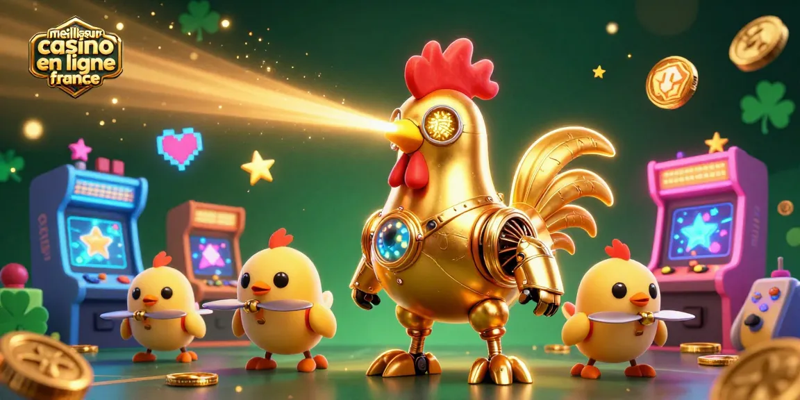 Illustration d'un meilleur casino en ligne France mettant en scène un robot coq futuriste et des drones de poussins dans un décor ludique.