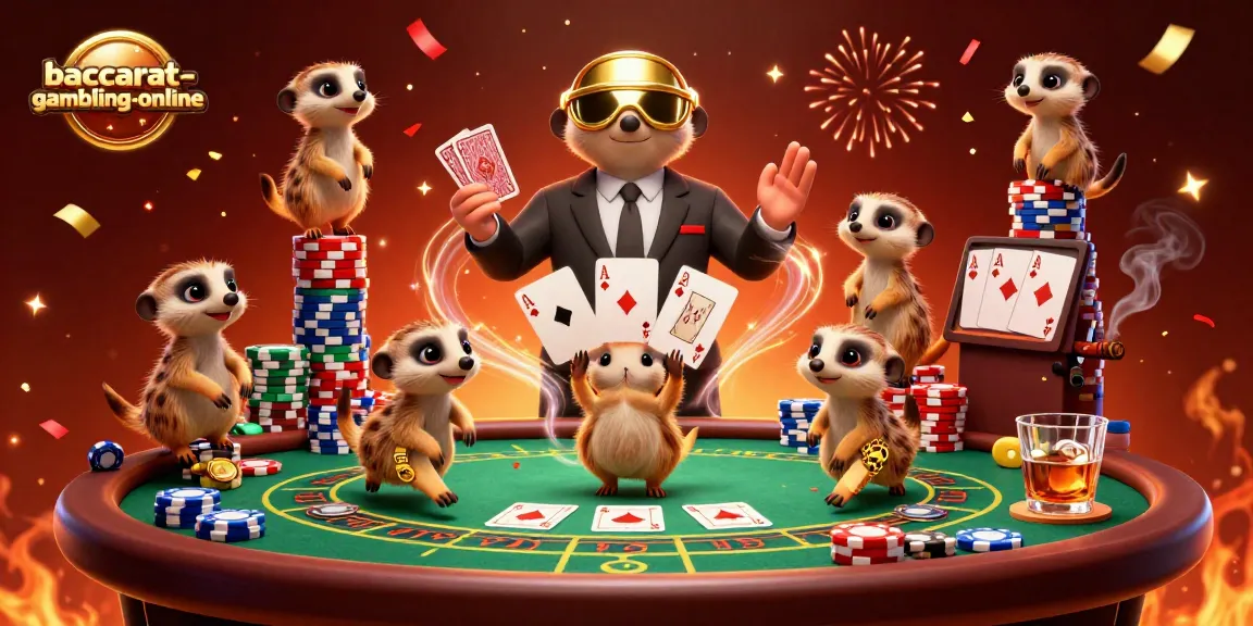 Watch the baccarat-gambling-online meerkats masterfully deal cards in a vibrant casino scene.