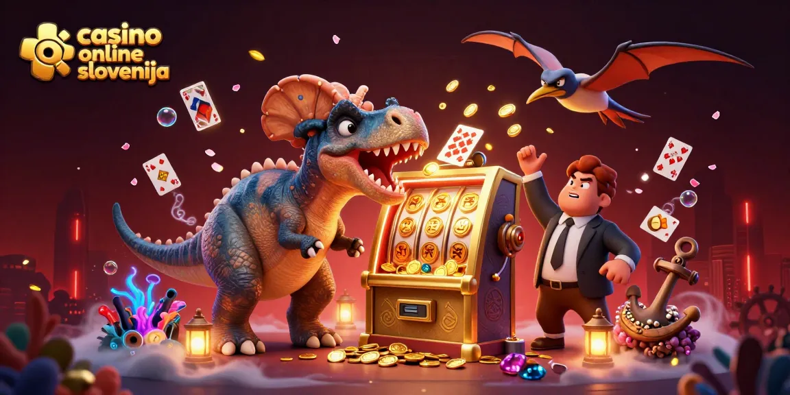 Akcijska scena v igralnici z dinosaurusi, ki igrajo online casino, z izjemnimi grafičnimi detajli.