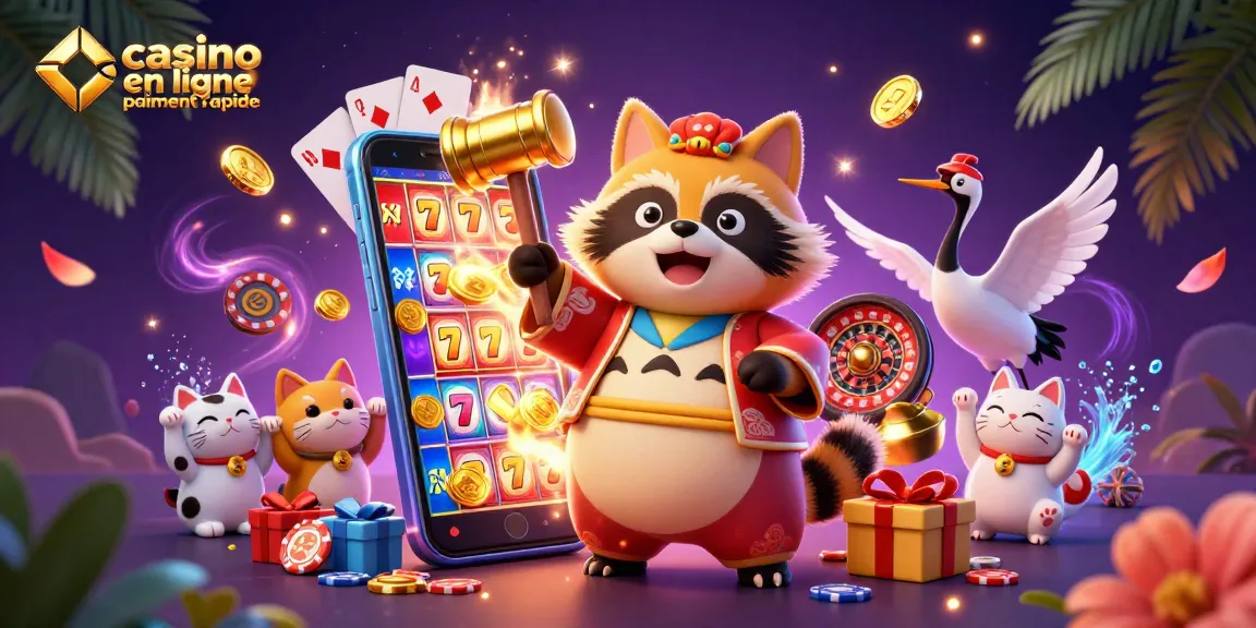 Casino en ligne paiement rapide : illustration dynamique d'un tanuki en tenue japonaise et chats porte-bonheur entouré de jeux de casino.