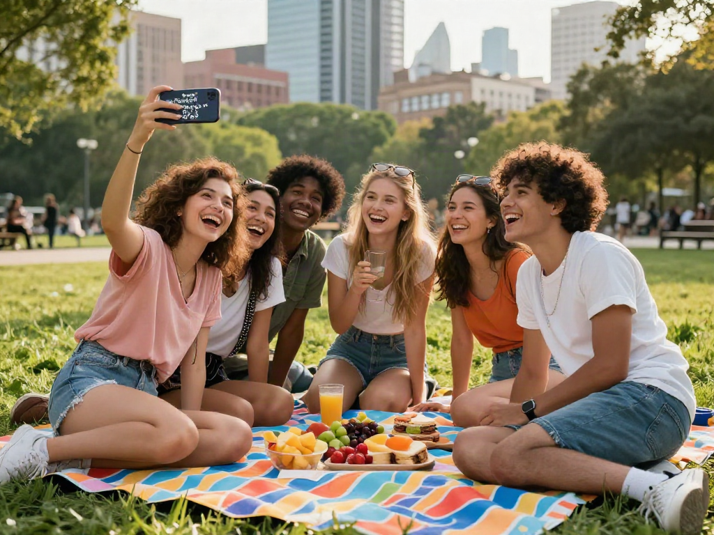 Friends enjoying outdoor fun while using the "how old do I look" app in a lively urban park setting.