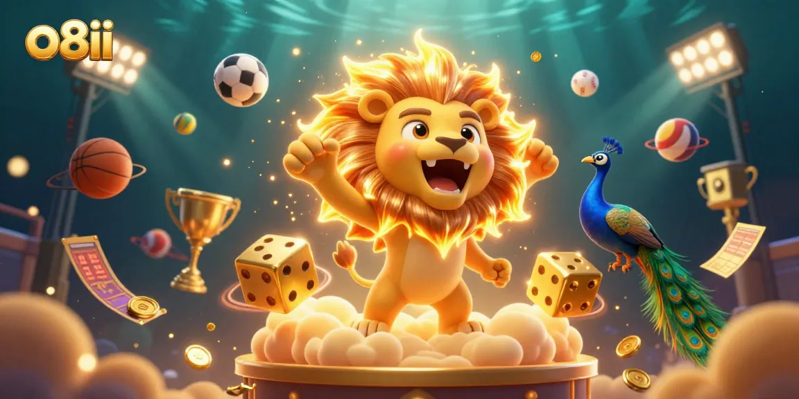 Immersive gaming experience with o8ii featuring a roaring lion and dynamic sports elements.