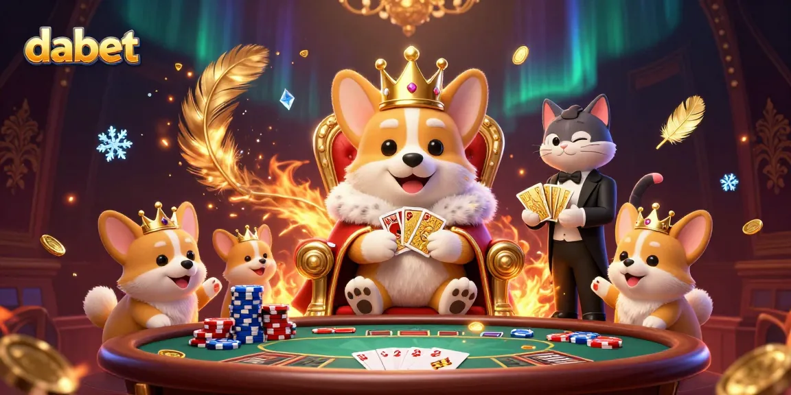 Dabet casino illustration showcasing a royal corgi on a poker chip throne with a cat butler presenting cards.