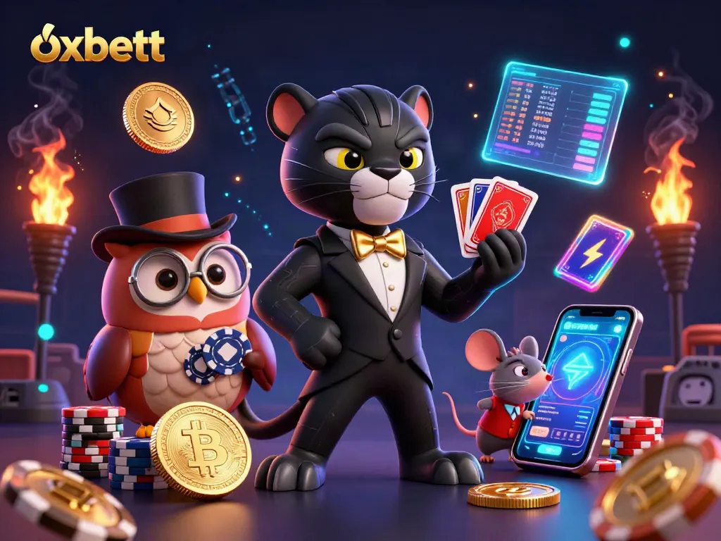 Experience excitement with oxbett, featuring a stylish panther dealer, owl, and lucky mouse in a lively casino scene.