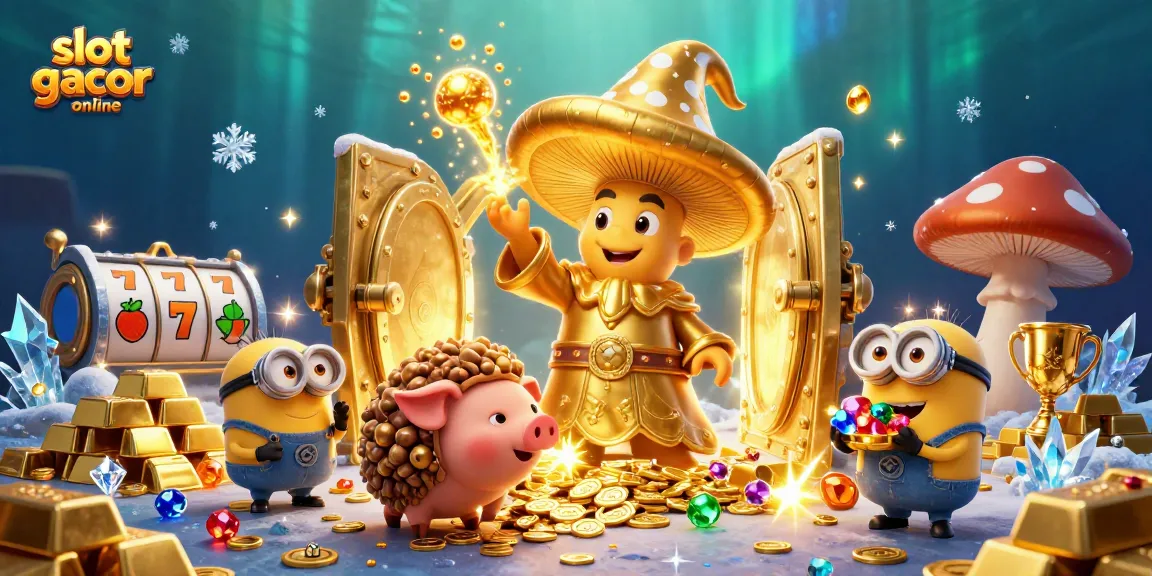 Permainan slot gacor online dengan penyihir jamur emas dan harta karun berkilau.