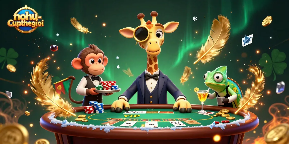 Experience the thrill with nohu-cupthegioi as playful characters celebrate poker action amidst gold coins and vibrant effects.