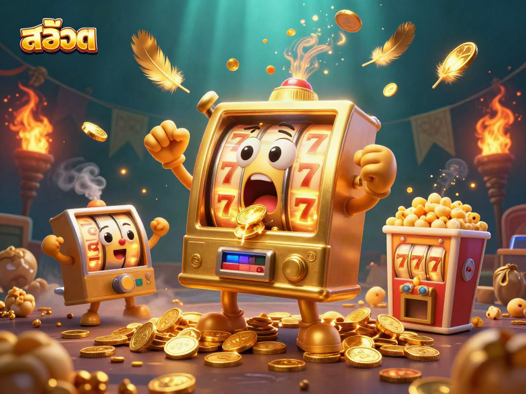 Exciting สล็อต jackpot scene featuring a golden slot machine pouring coins, surrounded by cheering smaller machines.