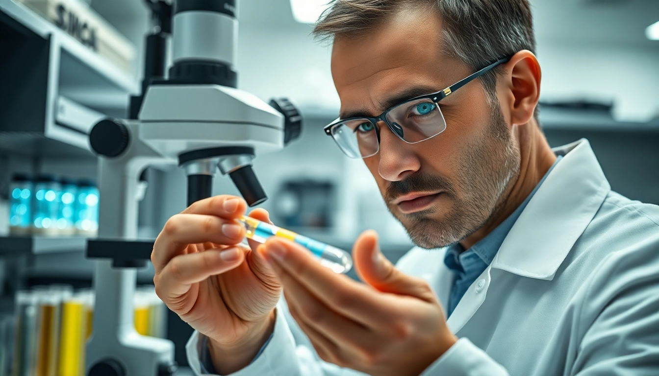 Analyze survo peptide samples in a modern lab setting with a scientist focused on research.