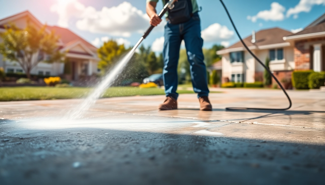 Driveway cleaning with a professional worker using a pressure washer on a concrete surface.