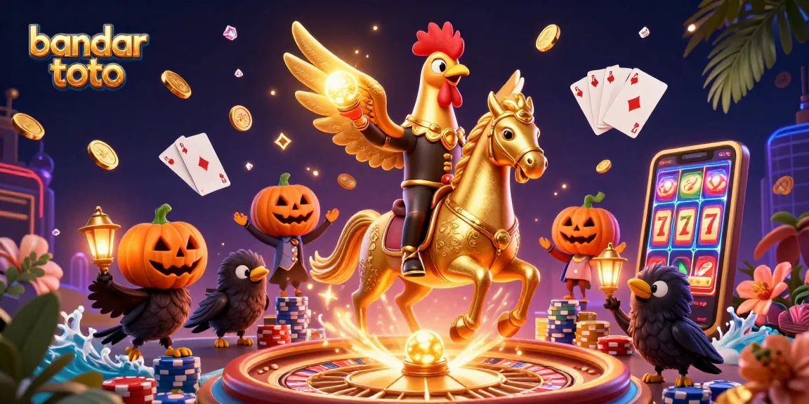 Experience thrilling wins at bandar toto, featuring a golden rooster and dynamic casino elements.