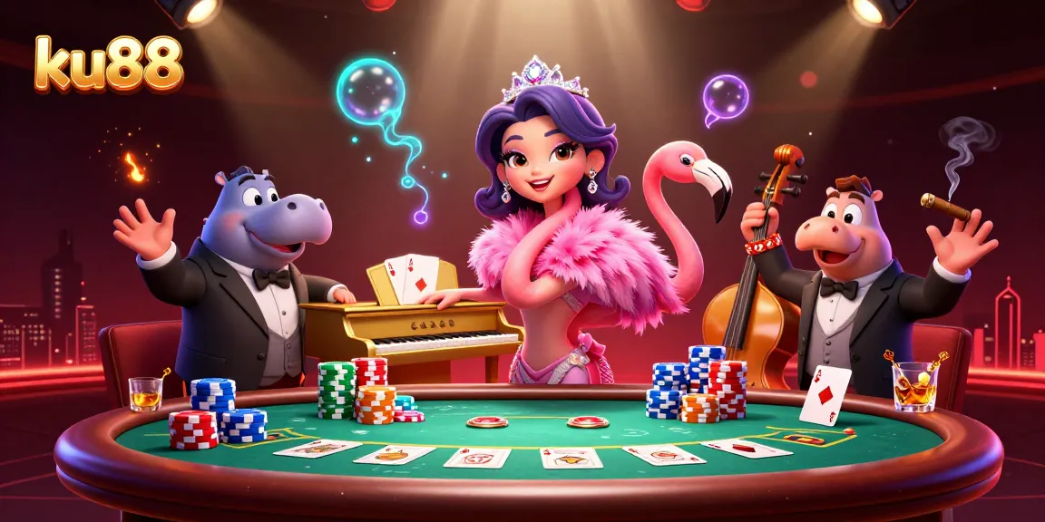Experience the vibrant ku88 casino atmosphere with colorful poker elements and lively characters.