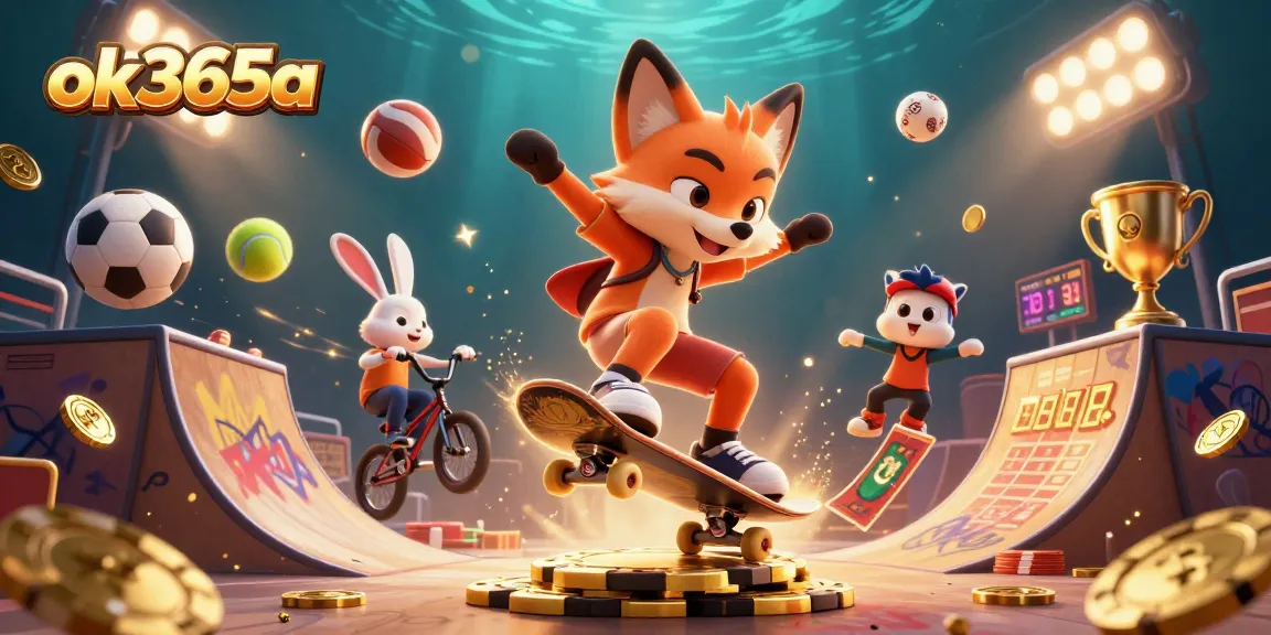 Engage with ok365a's exciting gameplay featuring a skateboarder fox and rabbit in a dynamic casino environment.