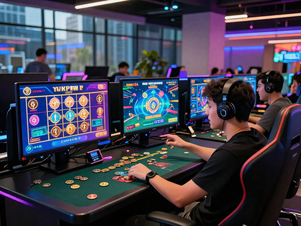 Experience the thrill of a crypto casino with immersive gaming setups and vibrant atmosphere.