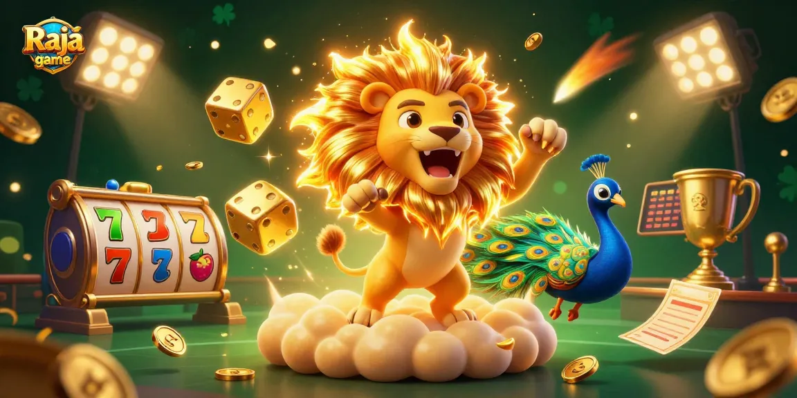 Experience Raja game excitement with dynamic 3D characters and casino elements in vibrant illustration.