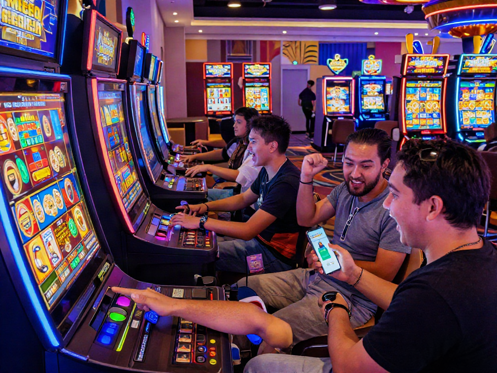 Exciting casino players using slot depo qris at vibrant slot machines, capturing lively gaming atmosphere.